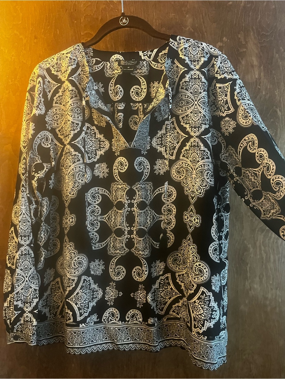 Lucky Brand Black & White Paisley Print Tunic Top  M